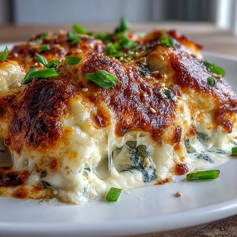 Golden-brown Trader Joes Dumpling Bake with bubbly mozzarella and cheddar cheese, fresh scallions and sesame seeds garnish.