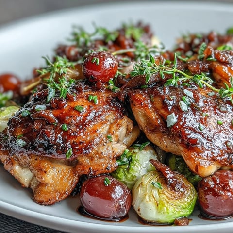 Roasted Sheet Pan Balsamic Chicken thighs with Brussels sprouts and red grapes ready to serve.