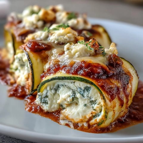 Baked Keto Zucchini Lasagna Roll-Ups in a dish topped with melted cheese and fresh basil leaves.