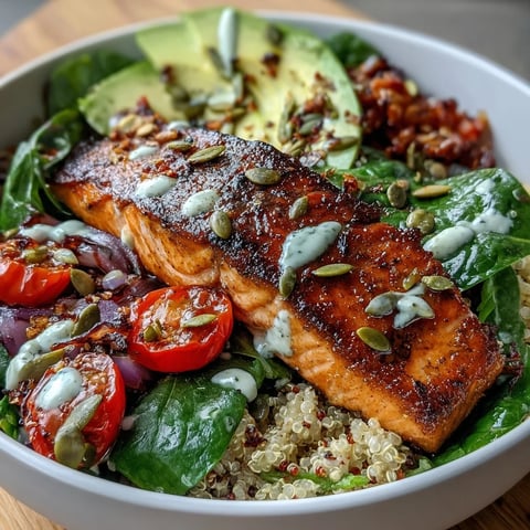 Grilled Salmon Power Bowls topped with creamy avocado, fluffy quinoa, and fresh cherry tomatoes. 