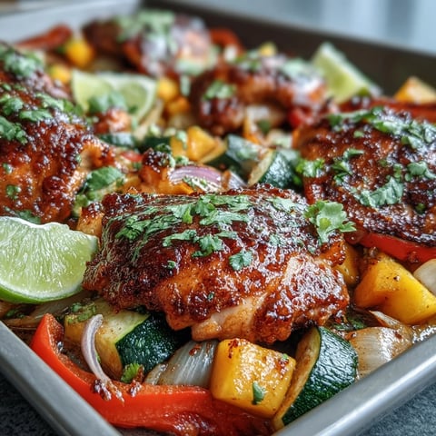 Roasted One-Pan Mango Chili Chicken and Veggie Bake with tender chicken, peppers, zucchini, and sweet mango chunks, garnished with cilantro.