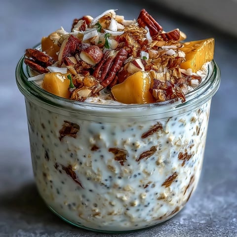 A glass jar reveals creamy layers of Mango Chia Overnight Oats, finished with golden toasted coconut and chopped almonds.