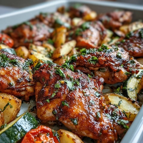 Sheet Pan Mediterranean Chicken with Zucchini and Lemon-Herb Potatoes roasted golden on a tray. 