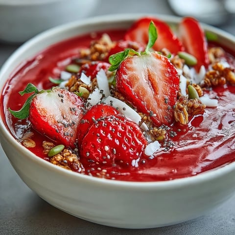 Thick and creamy pink Strawberry Protein Smoothie Bowl topped with fresh berries, crunchy granola, coconut, and pumpkin seeds.