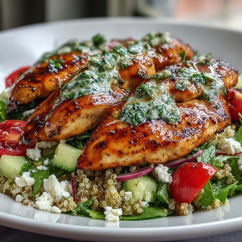 Lemon Herb Grilled Chicken Salad with Quinoa presented as a colorful bowl with sliced juicy chicken, fluffy quinoa, tomatoes, cucumber, and greens.