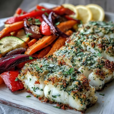 Golden-brown herb-crusted baked cod fillets, garnished with fresh green herbs and served with colorful roasted vegetables on a platter.