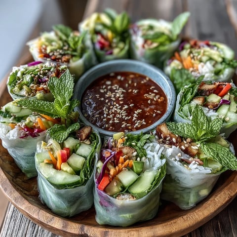 Eight colorful Vegan Mango Avocado Spring Rolls, filled with fresh mango and avocado, rest beside a bowl of sweet chili sauce for dipping.