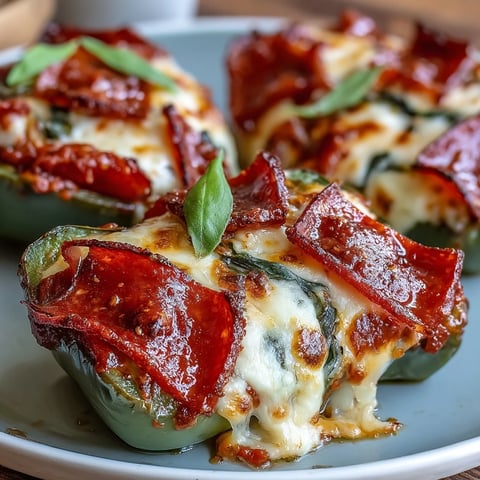Oven-baked Keto Pizza Stuffed Peppers with Mozzarella and Pepperoni showing bubbly, golden cheese and melted pepperoni.