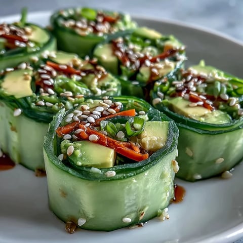 Fresh Light Cucumber Avocado Rolls with Sesame arranged on a white plate, served with a small bowl of soy dipping sauce and extra sesame seeds.