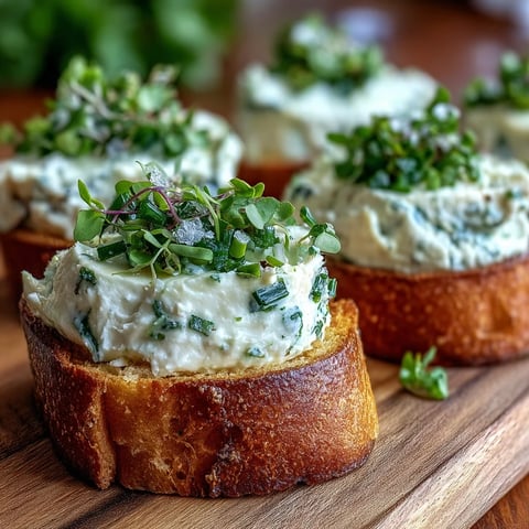 Golden-brown garlic crostini topped with creamy herb cheese, fresh chives, and edible flowers on a rustic wooden board.