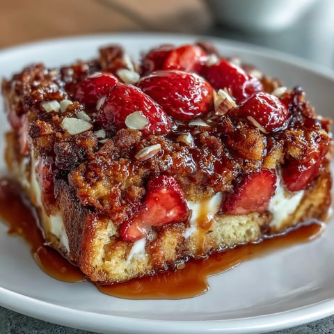 Festive Galentine's brunch strawberry French toast casserole with golden brioche and juicy berries, ready to share with friends.