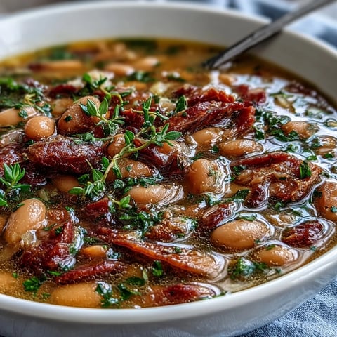 Hearty Ham and Navy Bean Soup with Fresh Thyme, filled with tender beans, savory ham, and aromatic herbs—perfect for a cozy dinner.