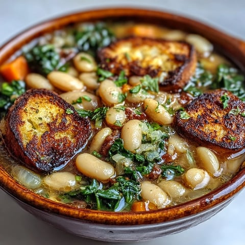 A steaming bowl of Tuscan ribollita white bean soup with hearty vegetables and crispy sourdough croutons.  