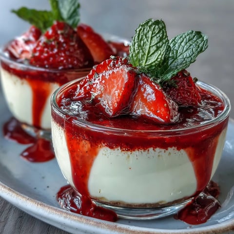 Silky vanilla panna cotta with a vibrant strawberry sauce, garnished with fresh berries and mint for a romantic dessert.
