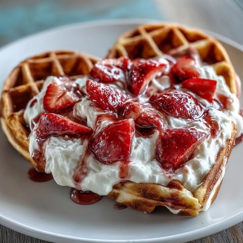 Golden heart-shaped waffles topped with creamy cottage cheese whip and fresh strawberry slices, perfect for a romantic breakfast or brunch.