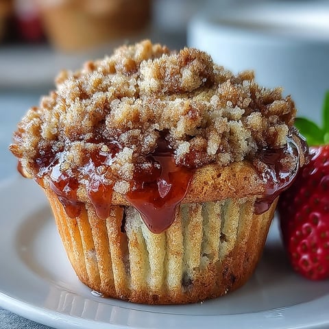 A batch of golden strawberry sourdough muffins with a crunchy cinnamon crumb topping, fresh berries peeking through.