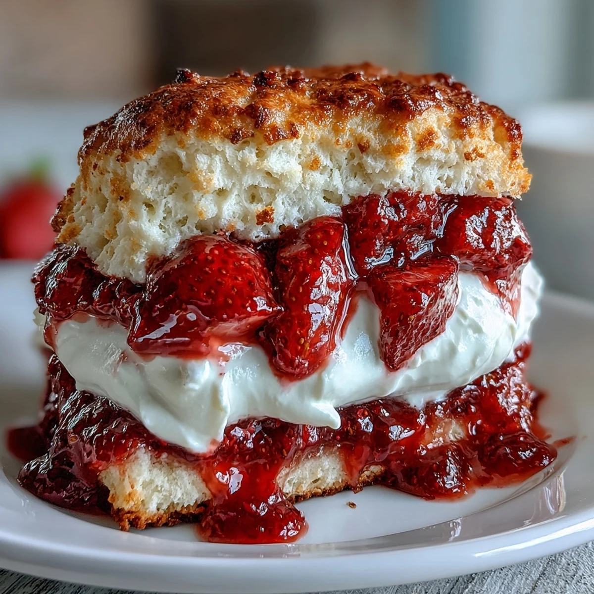 Fresh strawberry scone shortcakes layered with creamy vanilla yogurt and ripe berries in a rustic dessert presentation.