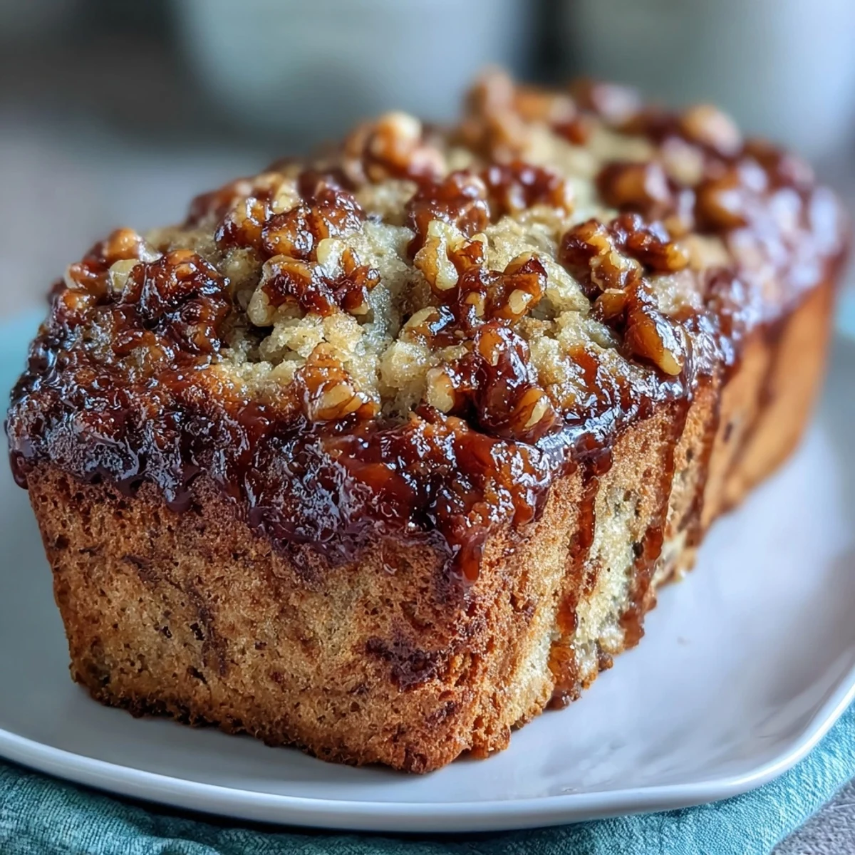 Moist sourdough discard banana nut bread with crunchy brown sugar crust and toasted walnuts, perfect for breakfast or snack time.  