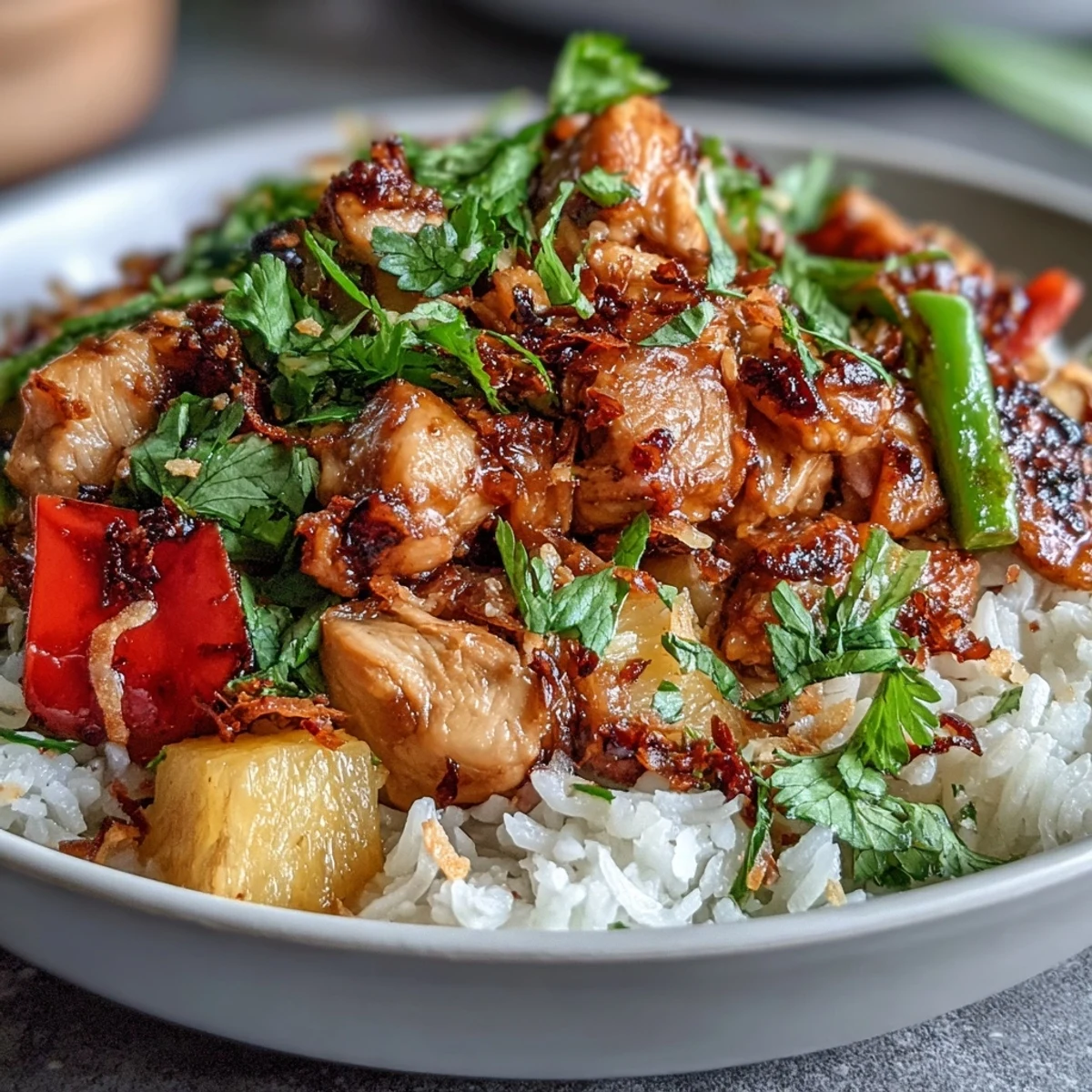 Tropical Coconut Pineapple Chicken Rice Bowls with tender chicken, sweet pineapple, and fragrant coconut rice, garnished with fresh herbs and lime.