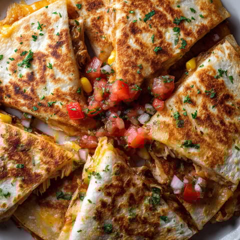 A plate of quesadillas with tomatoes and onions.