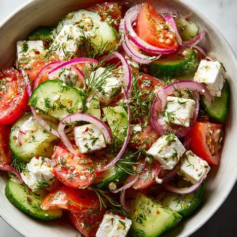 A bowl of salad with tomatoes and cucumbers.