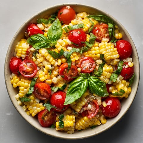 A bowl of salad with corn, tomatoes, and basil.