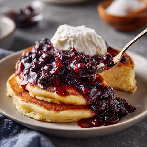 A plate of pancakes with blueberries on top.