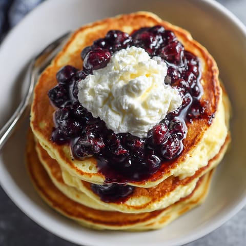 A stack of pancakes with blueberries on top.