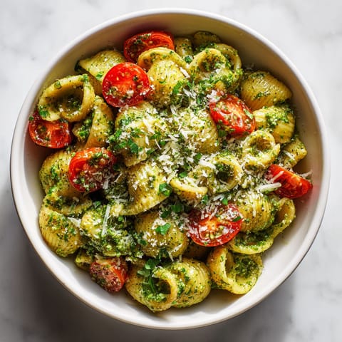 A bowl of pasta with tomatoes and cheese.