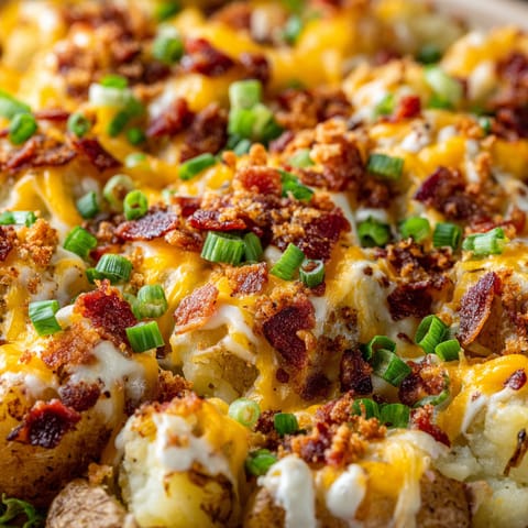 A loaded baked potato casserole with cheese and bacon.
