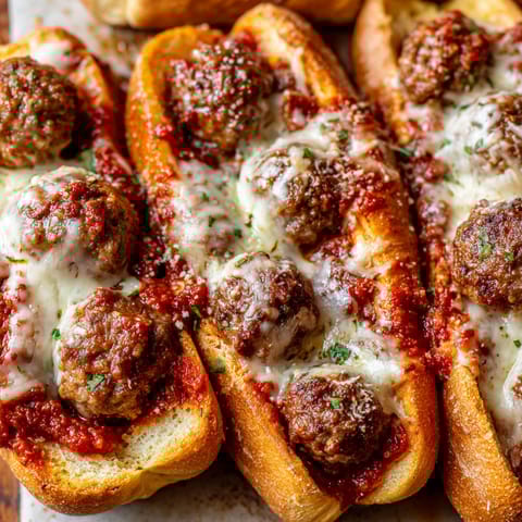 A close up of a meatball sub with sauce and cheese.