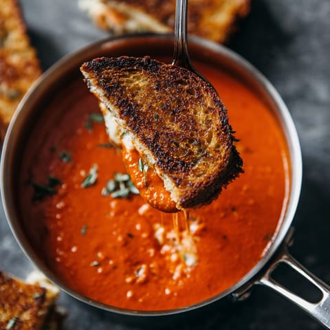 A spoon is in a bowl of creamy tomato soup with grilled cheese.