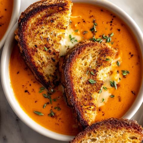 A bowl of creamy tomato soup with grilled cheese on top.