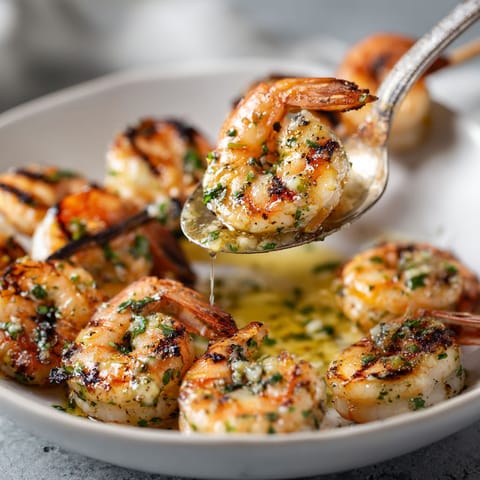 A spoon is being used to scoop up some grilled shrimp.