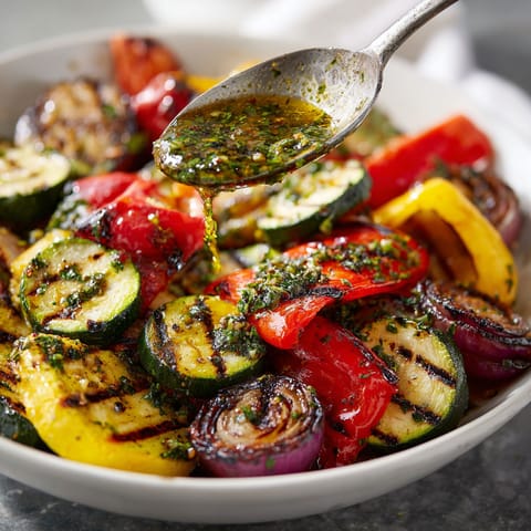 A bowl of grilled vegetables with herb vinaigrette.