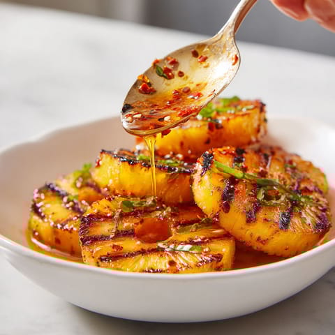 A spoon is being used to pour sauce on a plate of food.