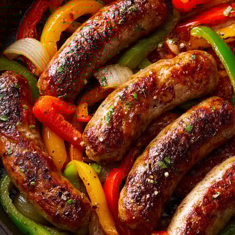 Grilled sausage with peppers and onions.