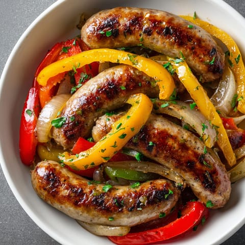 A bowl of grilled sausage with peppers and onions.