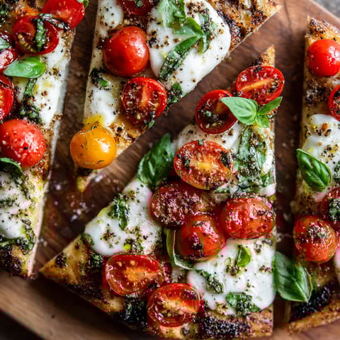 A slice of pizza with tomatoes and basil.
