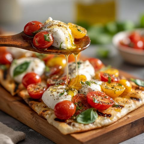 A wooden platter with a pizza topped with tomatoes and cheese.