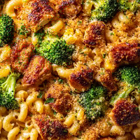 A dish of pasta with chicken and broccoli.
