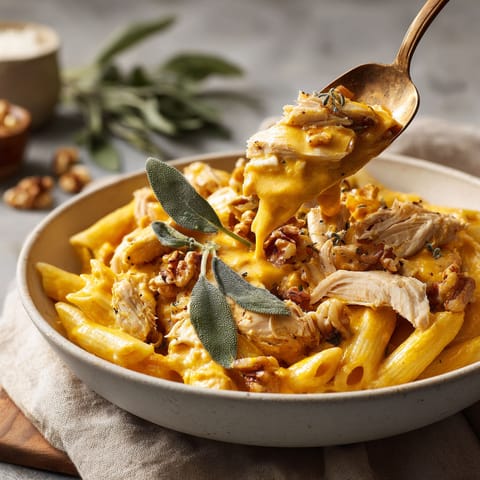 A bowl of pasta with chicken and cheese.