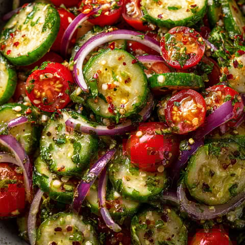 A dish of marinated cucumbers, onions, and tomatoes.