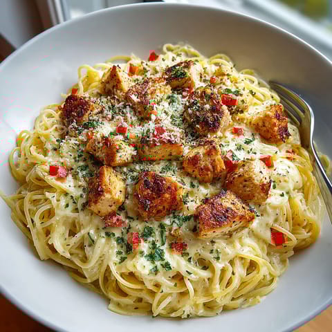 A bowl of pasta with chicken and peppers.