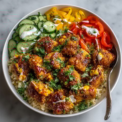A bowl of food with rice, chicken, tomatoes, cucumbers, and cheese.