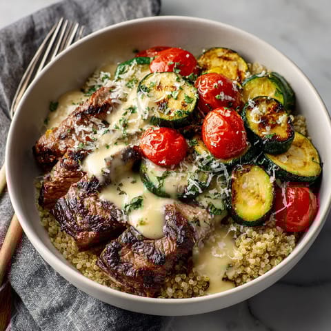 A bowl of grilled steak with creamy sauce and grilled zucchini.