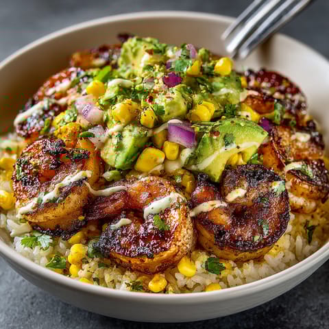 A bowl of food with shrimp and corn.