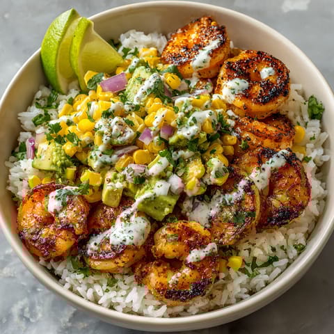 A bowl of shrimp and rice with a lime wedge on top.