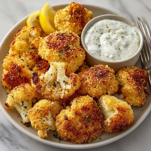 A bowl of cauliflower with a lemon wedge and a bowl of dip.