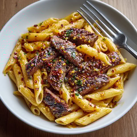 A plate of pasta with meat and spices.